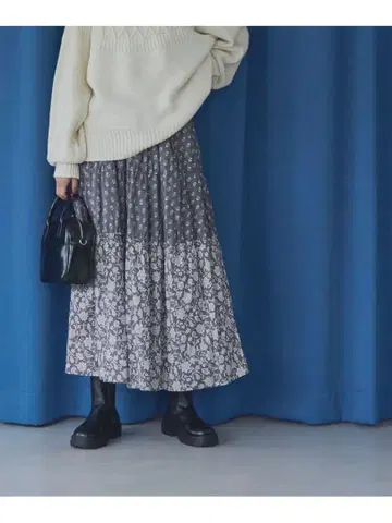[ Coen ] 플레어 롱 스커트 그레이 계열 꽃무늬