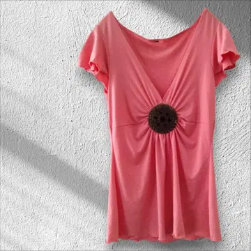 한정 1개 핑크 V넥 플레어 소매 반팔 티셔츠 상의