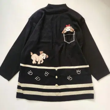 강아지 패턴 강아지 하이넥 스웨터 튜닉 블랙 울 루즈핏 니트