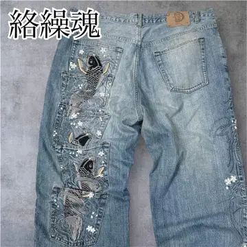 카라쿠리타마시 일본풍 패턴 자수 데님 5개 포켓 Y2K 빅 사이즈