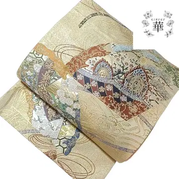 1870 화 후쿠로 오비 부채 물결 꽃 화환 금