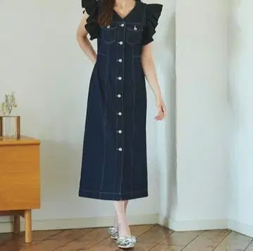 트란테안 손 드 모드 2way 소매 프릴 데님 원피스