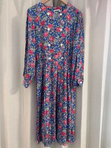 레트로 꽃무늬 롱 원피스 더블 버튼 블루 올 패턴 쇼와 레트로