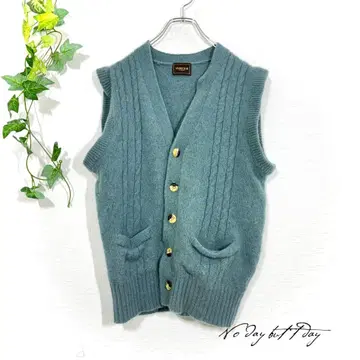 VIVRE CLUB 울 100% 니트 베스트 L 블루 케이블 짜임