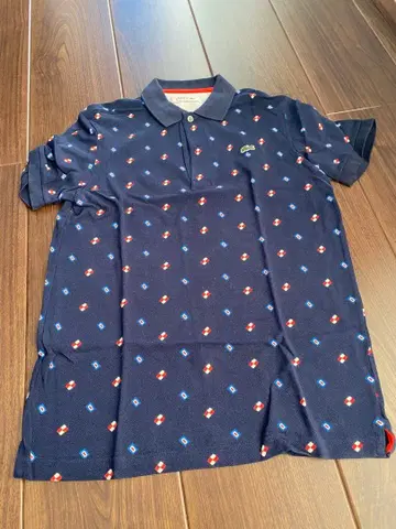 LACOSTE 네이비 기하학 패턴 피케 셔츠