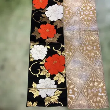 후쿠로 오비 꽃무늬 블랙, 빨간색, 화이트 금실 자수