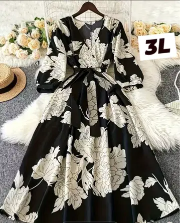 [ 허리 리본 포함 ] 모노톤 플로럴 롱 원피스 7부 소매 꽃무늬