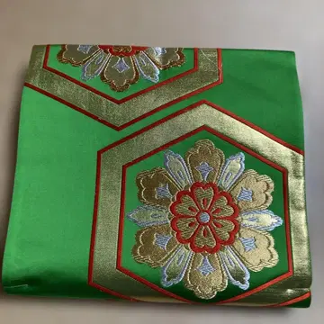 [미사용] 후쿠로 오비 순수 실크 육통 무늬 그린