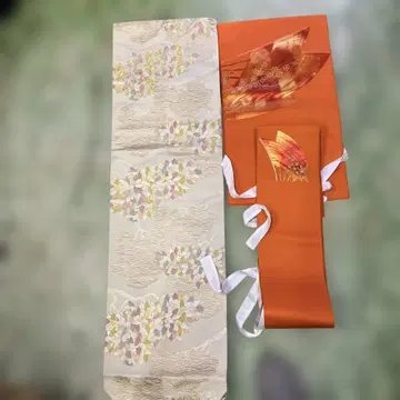 오렌지 컬러 후쿠로 오비 잎 무늬 금실 자수 2개