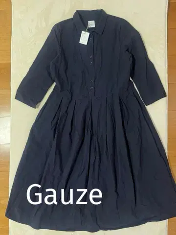 Gauze 네이비 셔츠 롱 원피스 A라인 7부 소매