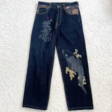 호텐 상점 데님 팬츠 배기 팬츠 일본풍 패턴 인디고 천, 잉어 자수