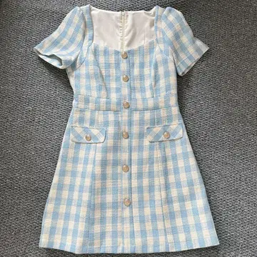 블루 x 화이트 체크 무늬 반팔 원피스 M 사이즈 새상품급