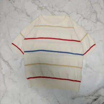 90s 아이보리 스트라이프 반팔 니트 캐주얼 yk2