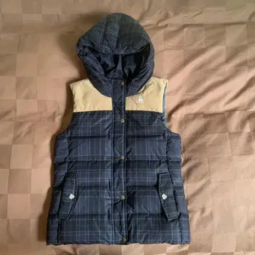 후드 부착 체크 무늬 베스트 L 사이즈 네이비/베이지