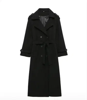 블랙 롱 코트 더블 브레스트 벨트 포함