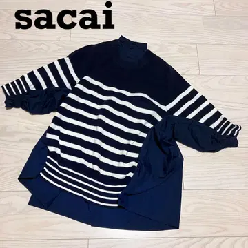 sacai 사카이 백 플리츠 보더 코튼 니트 도킹 절개