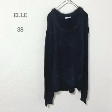 ELLE 엘르 U넥 긴팔 절개 리브 니트 블랙