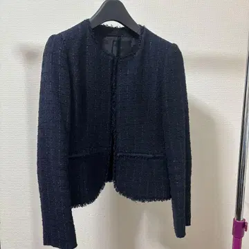 네이비 트위드 노카라 자켓