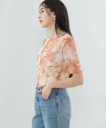 BEAMS 브라운 프린트 튤 메로우 T셔츠