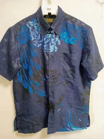 다림질 불필요! MAJUN 반팔 셔츠 S 네이비 꽃무늬 폴리에스테르