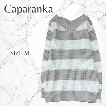 카파란카 니트 M 굵은 보더 V넥 긴팔 그레이 풀오버