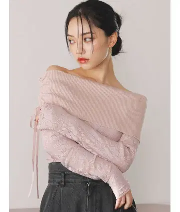 dazzlin 레이스 레이어드 리브 니트탑 핑크 오프숄