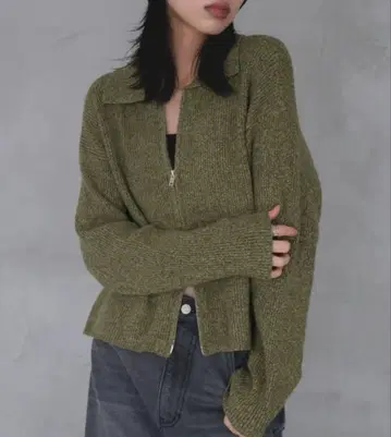 더블 지퍼 니트 가디건 LIAN 카키