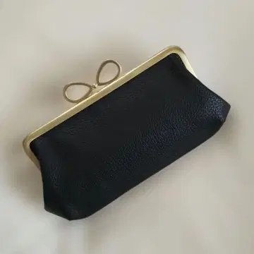 모녀 가마구치 지갑 (18cm) 블랙 가죽 리본 구슬 앤틱 골드