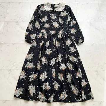 전원시 레이스 옷깃 플라워 프린트 원피스 롱 바스켓