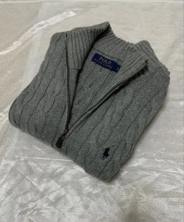 Polo 그레이 케이블 니트 집업 스웨터