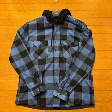 후드 부착 플란넬 셔츠 파랑과 블랙 체크