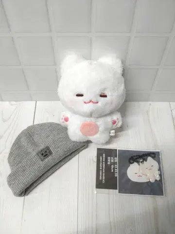 화이트 고양이 봉제 인형과 니트 모자 세트