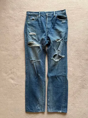 H 뷰티 앤 유스 데미지 가공 인디고 스트레이트 데님