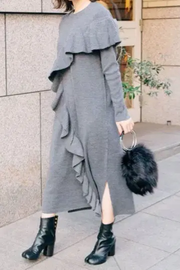 machatt 러플 니트 원피스 마차트 그레이 리브 롱 원피스