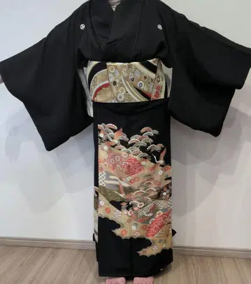 블랙 토메소데 (순수 실크) & 후쿠로 오비 가몬 마루니 미츠카시와