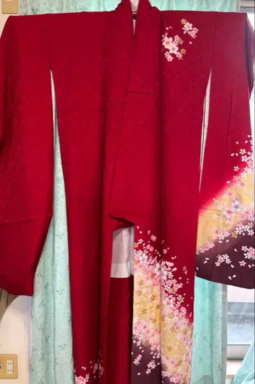 후리소데 성인식 붉은 벚꽃 무늬 후리소데와 골드 컬러 오비