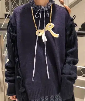 BEAMS 빔즈 튤 리본 묶는 니트 NAVY