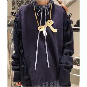 BEAMS 빔즈 튤 리본 묶는 니트 NAVY