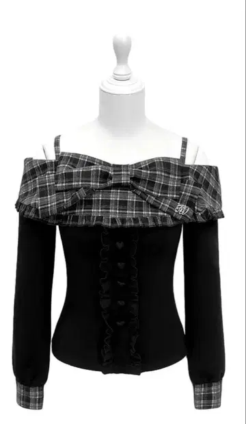 체크 빅 리본 오프숄더 상의