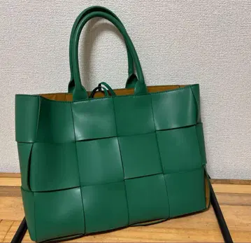 그린 뜨개질 토트백 소가죽