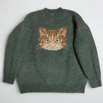 mmts 고양이 자수 그린 니트 마미타스