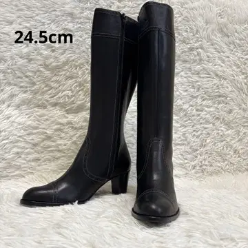 자유구 롱 부츠 블랙 24.5 소가죽 블랙 스티치 온워드