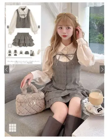 글렌체크 패턴 셔츠 도킹 상의 x 티어드 미니 스커트 셋업