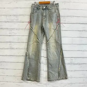 레이스업 디자인 데님 플레어 팬츠 그레이 M 한국 트렌드 슬림 레그