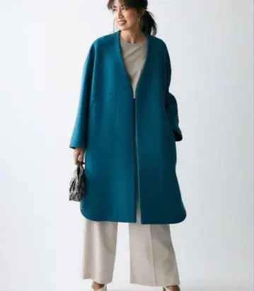 Mila Owen 램스울 노카라 코트 블루그린