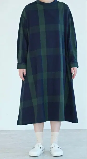 Dgy 밴드 카라 원피스 면 비에라 체크