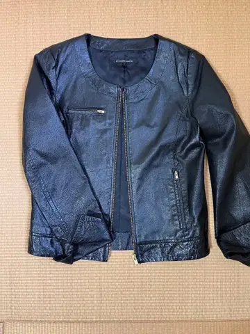 옷깃 없는 가죽 자켓 그린 라벨 릴랙싱