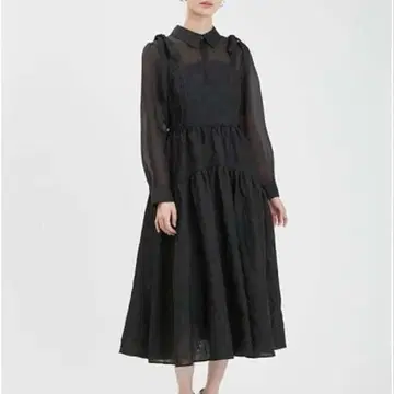 퍼프 슬리브 라메 자카드 콤비 드레스