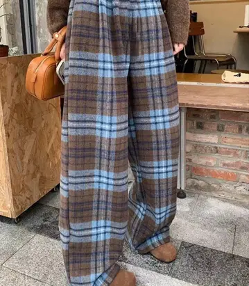 브라운 블루 체크 와이드 팬츠 미제인