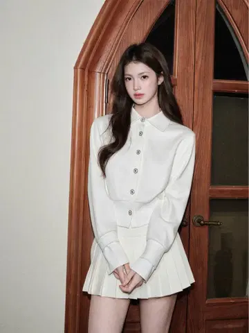 avenement 카라 부착 가디건 화이트 화이트 옷깃 긴팔 버튼